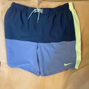 Nike Men's Swim Trunks - Navy and Light Blue with Yellow Accents NWT